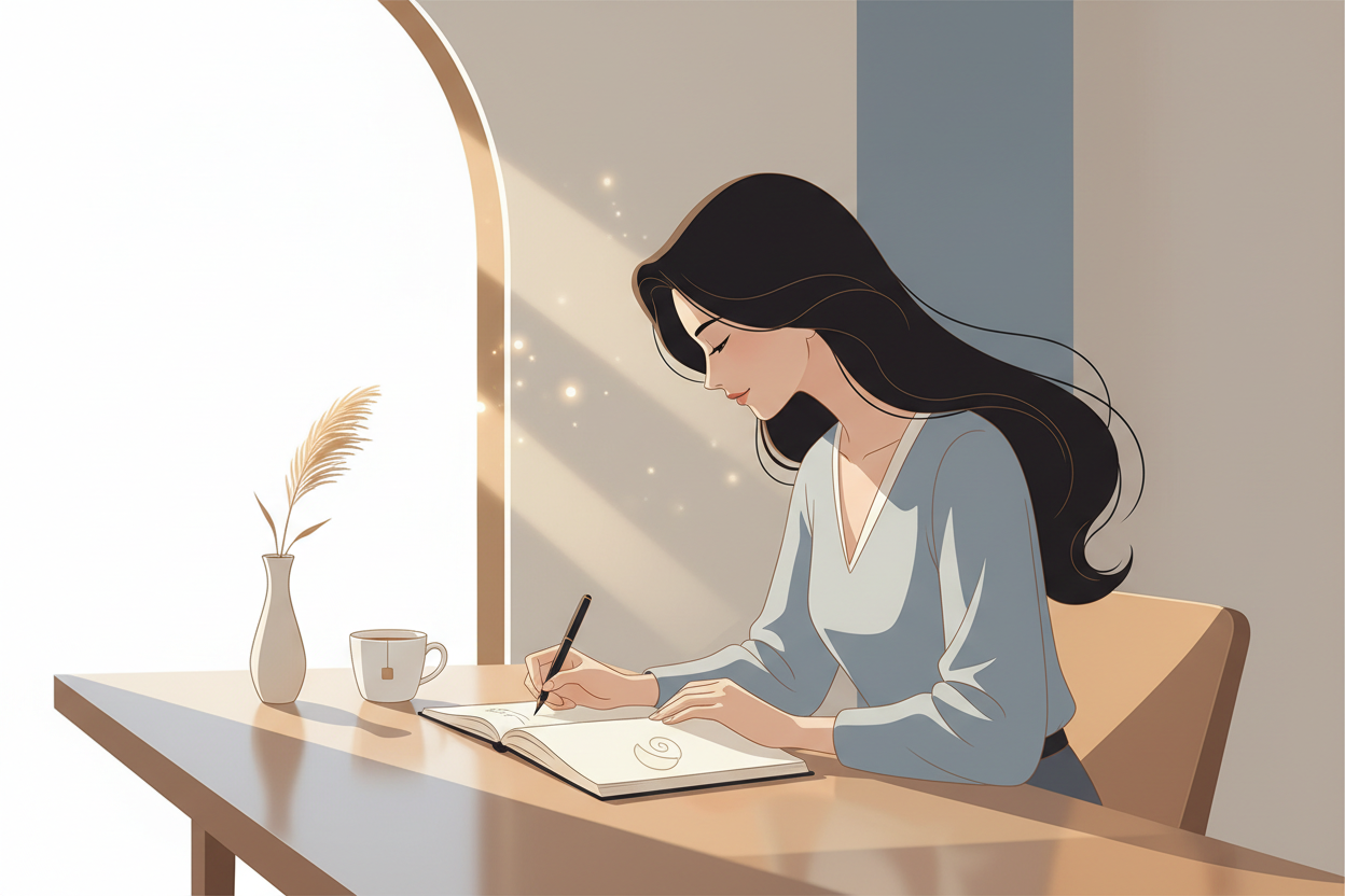 女性が日記を書いているイラスト